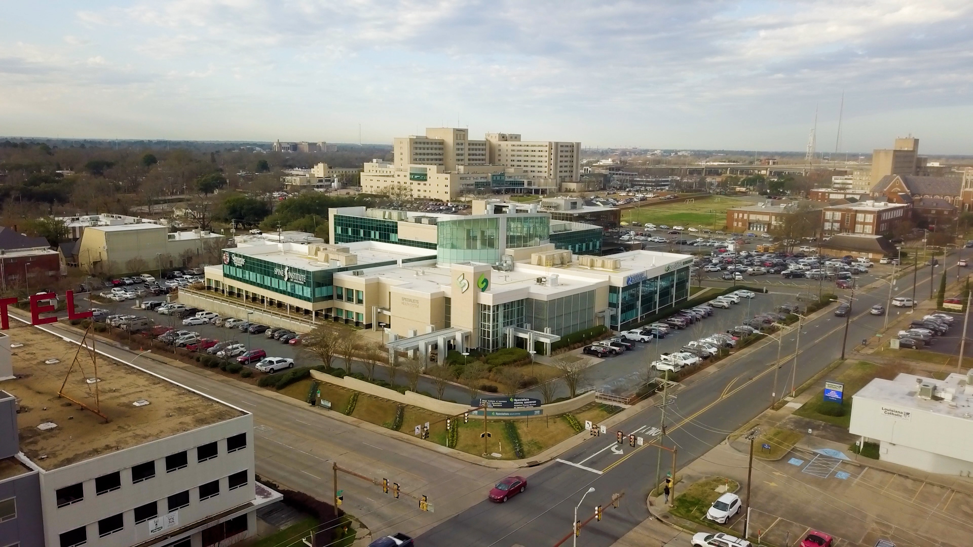 Aerial view of the Spine Institute and Specialists Hospital Shreveport medical campus in Downtown Shreveport.